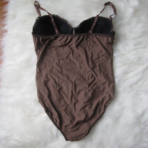Sexy Dark Brown Lace Lingerie Bodysuit Padded Demi Bra Convertible Straps 36B M - Picture 3 of 10